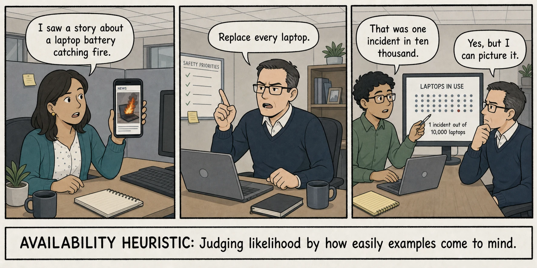A manager overreacts to one memorable laptop fire story despite data showing it was extremely rare, illustrating the availability heuristic.