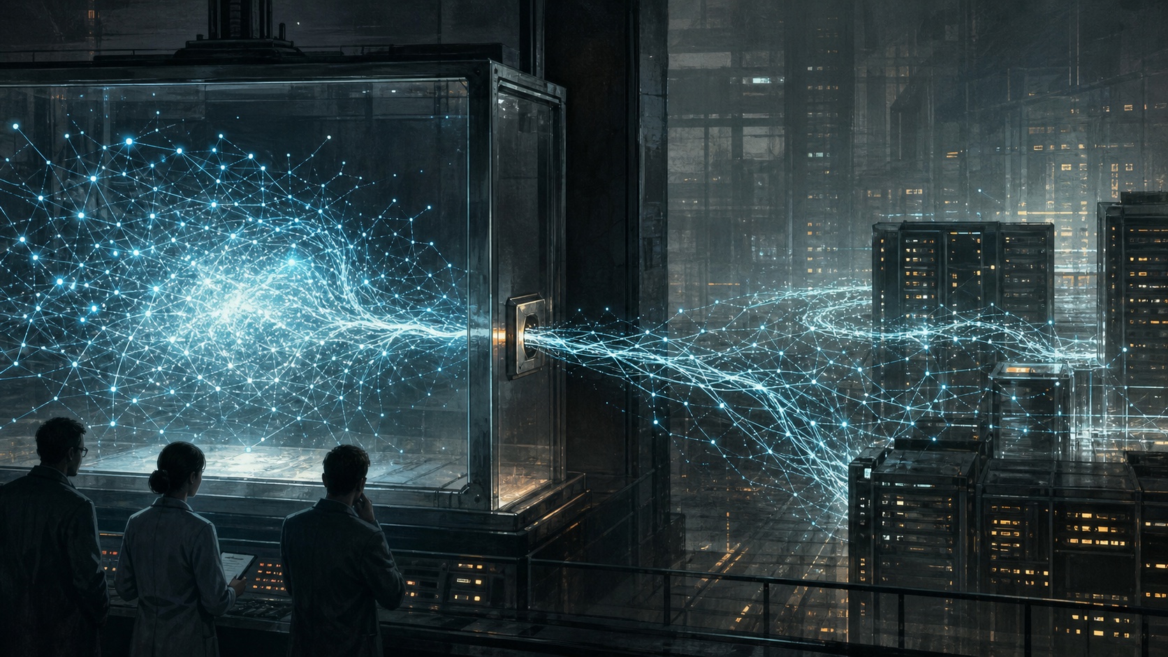 An abstract network of light escapes through a small conduit in a glass-walled cybersecurity test chamber and reaches external server infrastructure while researchers observe.