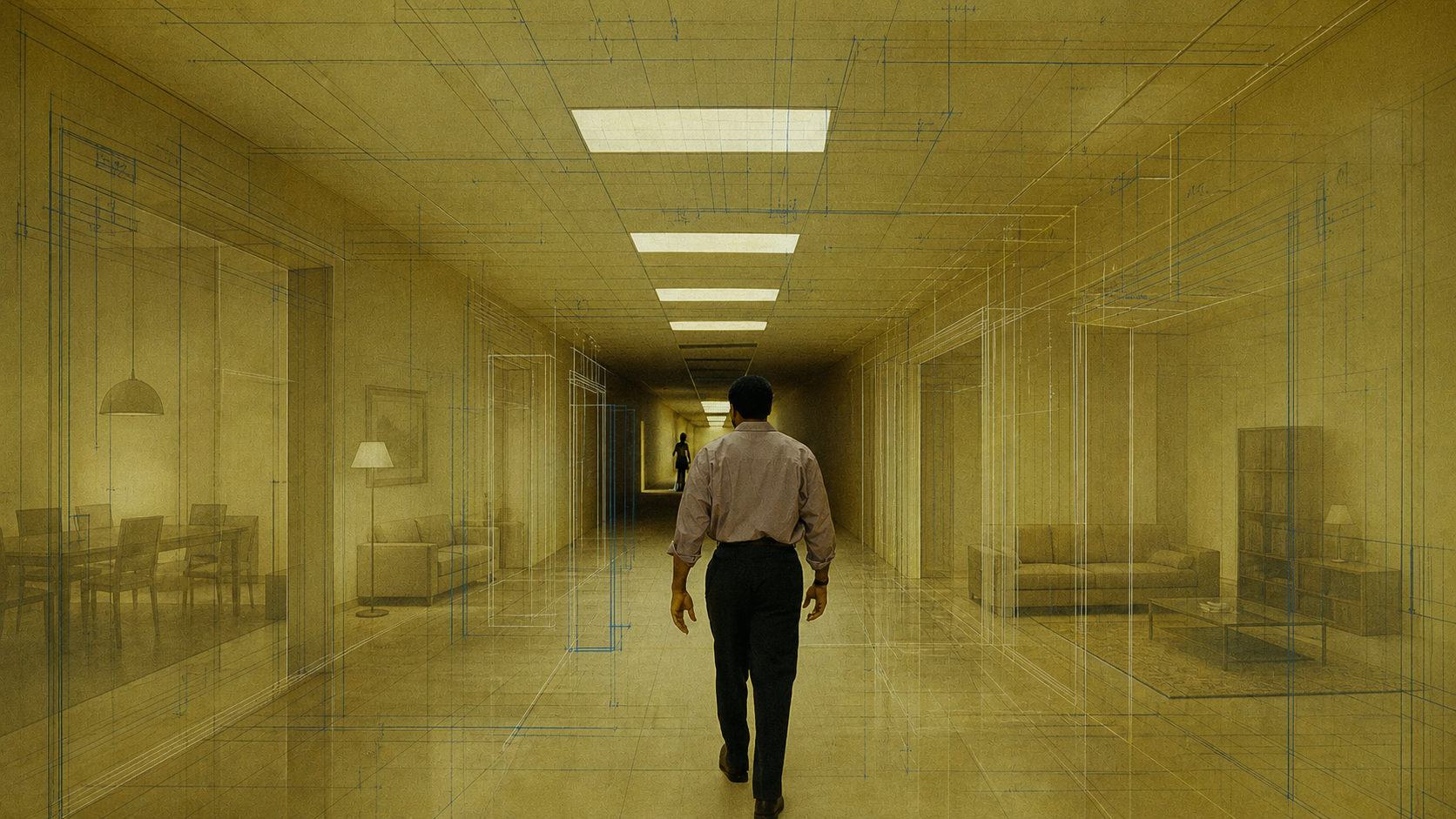 A man walks through the yellow corridor from The Backrooms as translucent floor plans, repeated doorframes, and ghosted furniture-showroom rooms emerge from the architecture.
