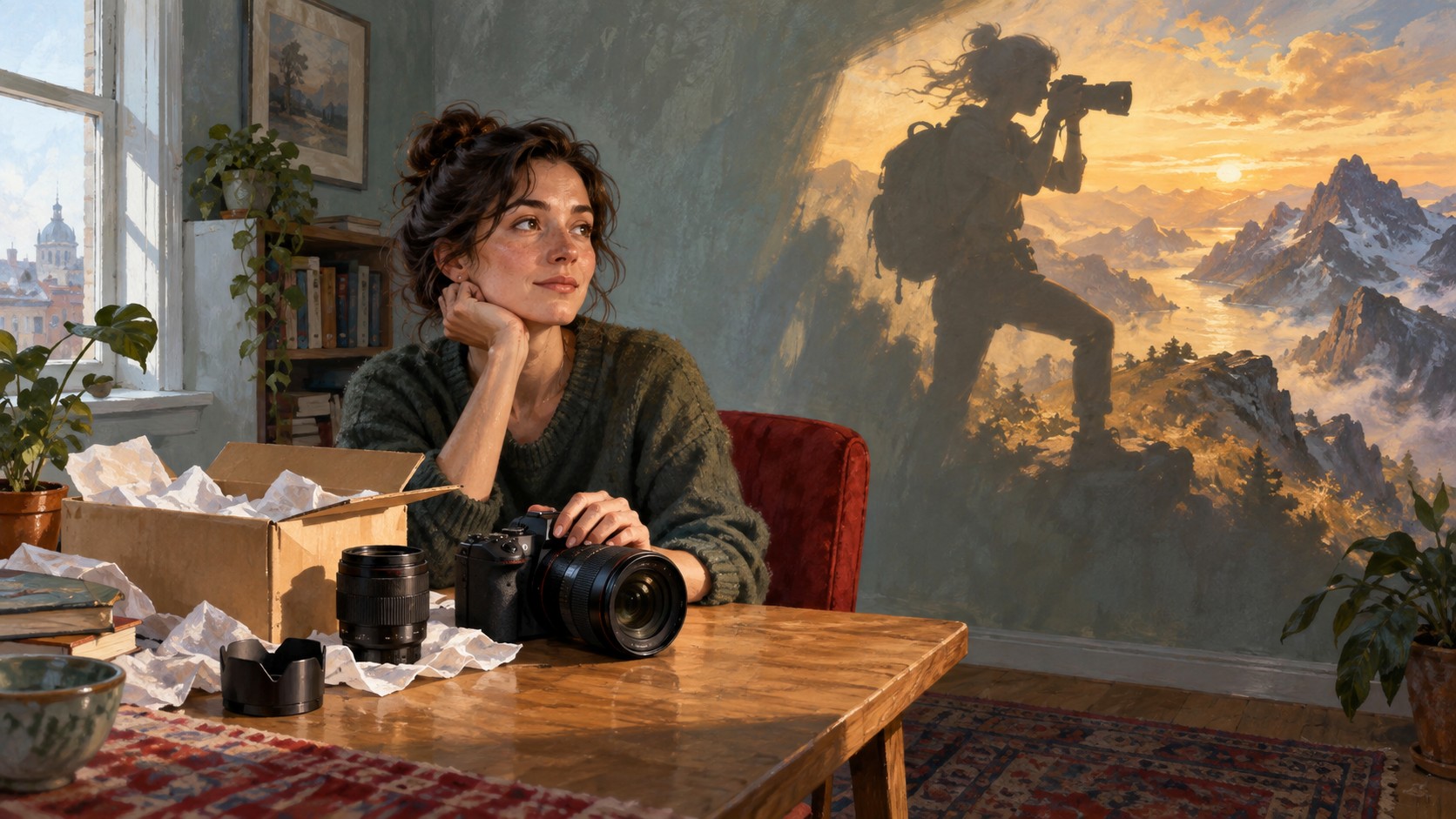 A beginner sits beside a new camera while her imagined future self photographs a mountain landscape.