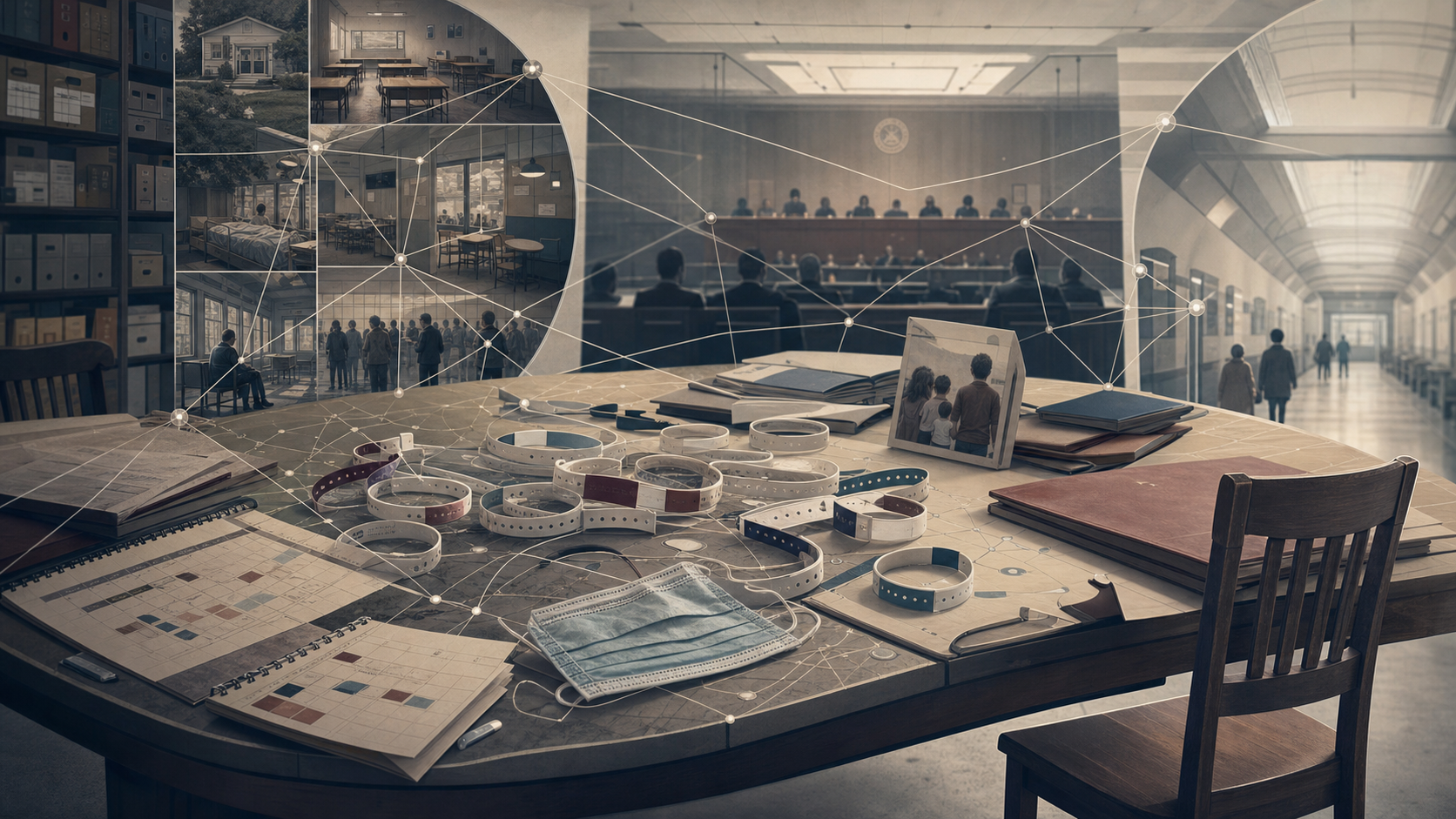 A civic archive table holds a face mask, hospital wristband, school calendar, briefing folders, an empty chair, and a family photograph, with a hearing room and institutional corridor faintly connected in the background.