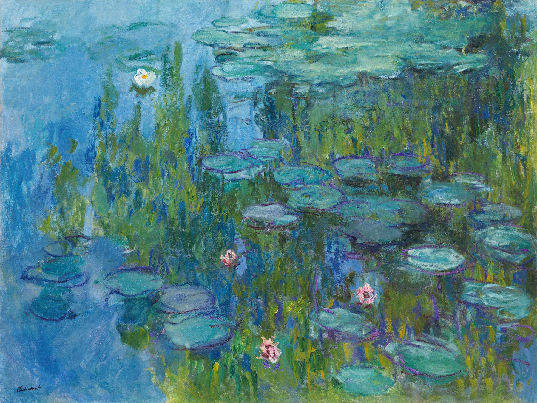 Claude Monet's Water Lilies, painted around 1915, showing blue-green water, reflections, lily pads, and loose violet-edged brushwork.