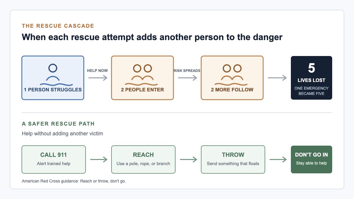 A horizontal rescue-cascade diagram showing one struggling swimmer followed by two rescuers, then two more rescuers, ending in five deaths, with a safer path below: call, reach, throw, and do not enter the water.