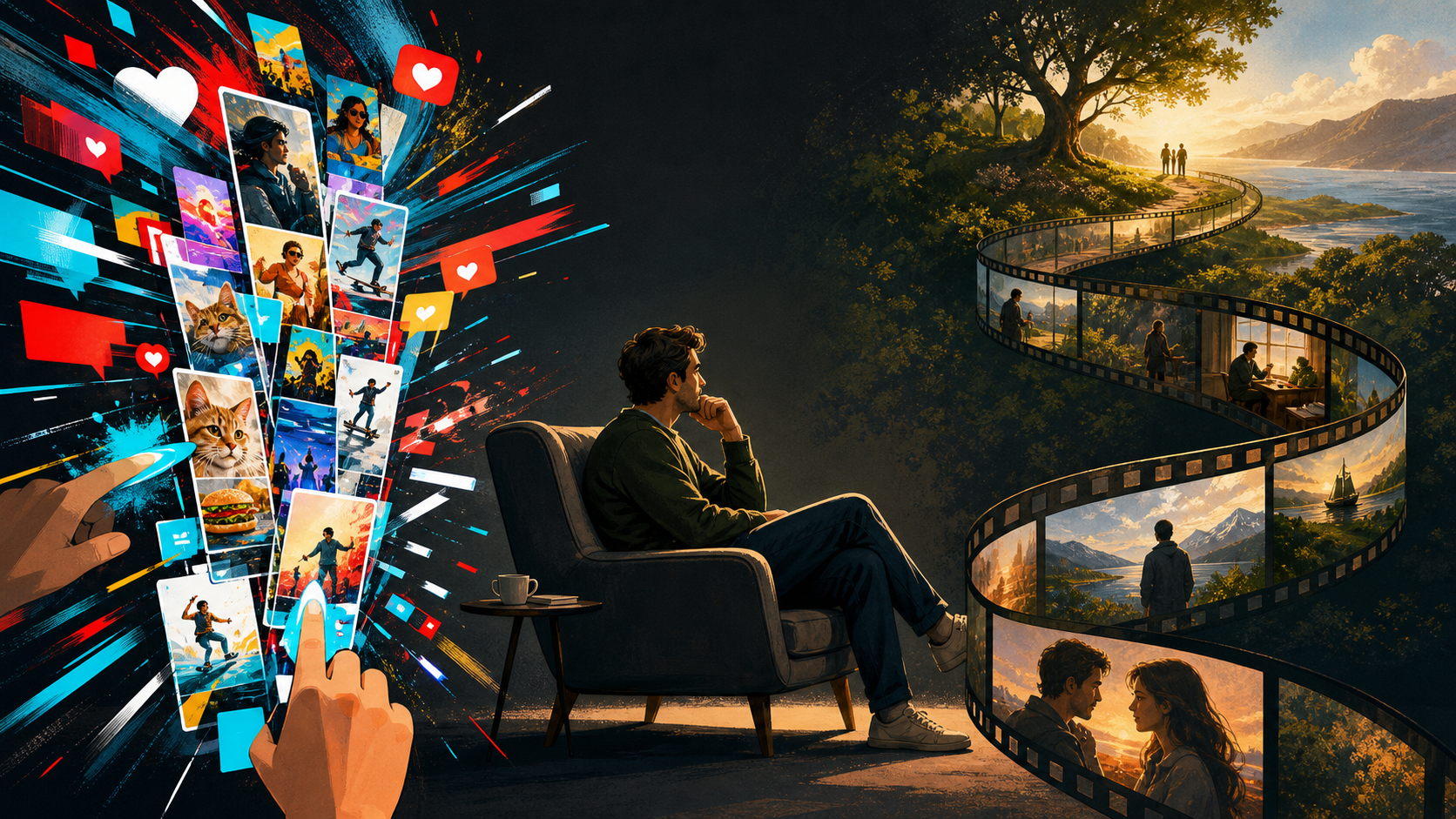 An editorial illustration contrasts a rapid cascade of fragmented short videos with a continuous filmstrip unfolding toward a meaningful destination as a seated viewer considers both paths.