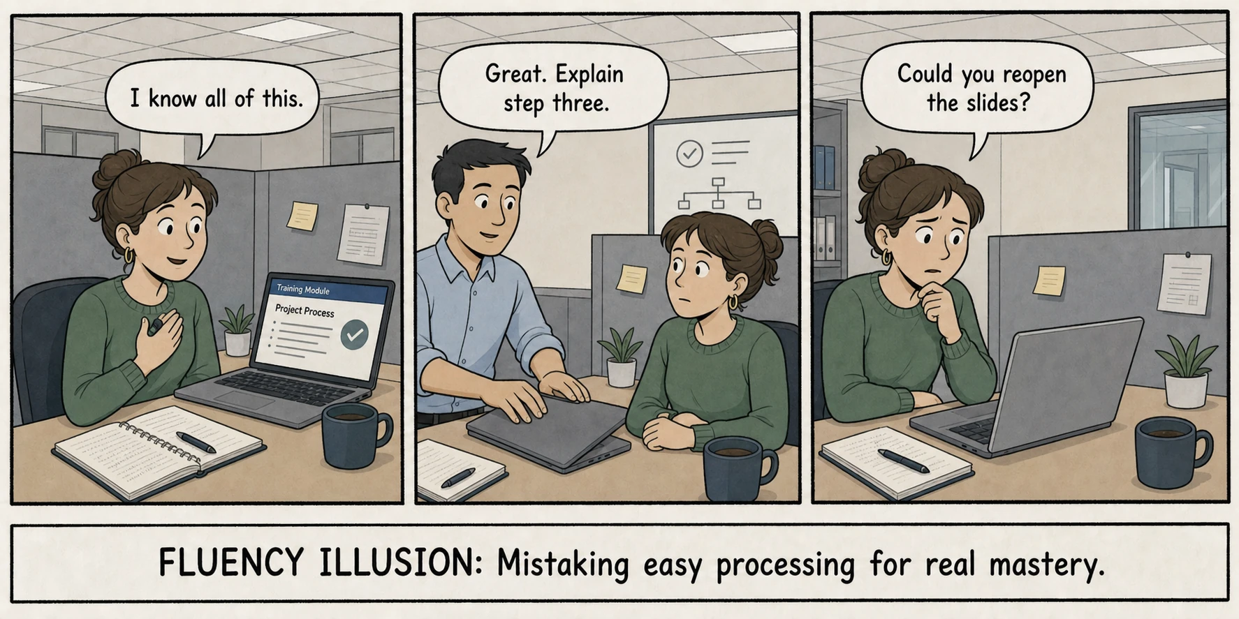 An employee feels confident after rereading training slides but cannot explain the material after the laptop is closed.