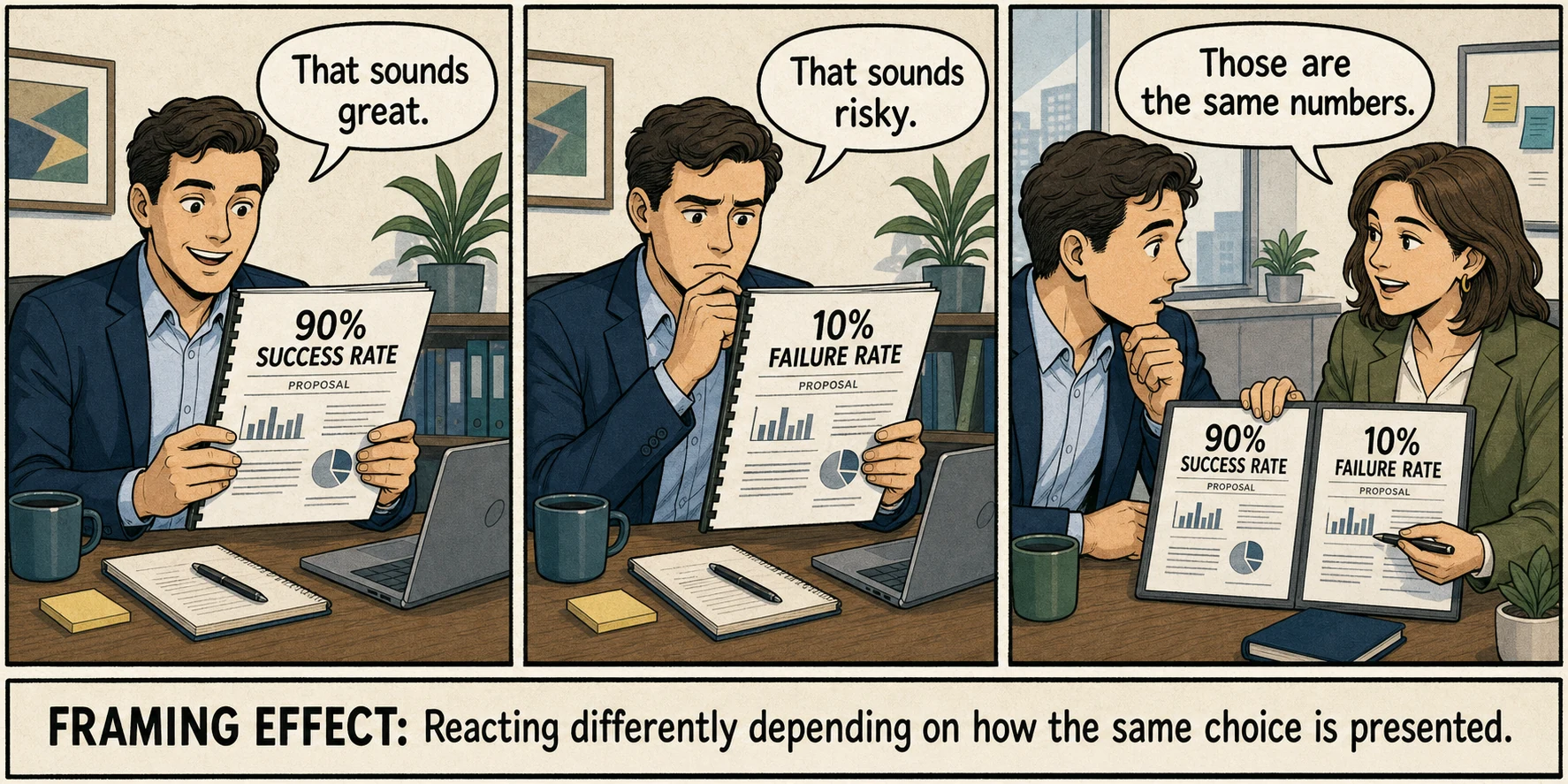The same proposal feels appealing at a 90 percent success rate and risky at a 10 percent failure rate, illustrating the framing effect.