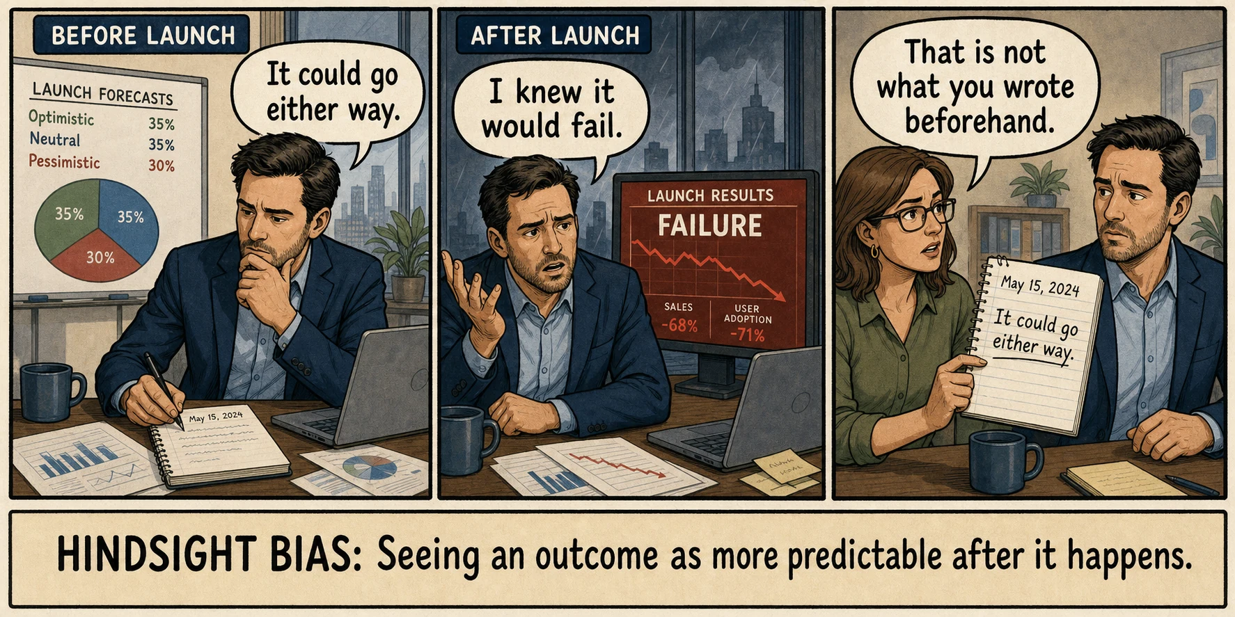 A manager says a failed launch was predictable despite an earlier note saying it could go either way, illustrating hindsight bias.