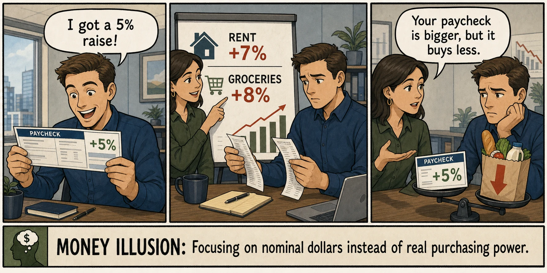 An employee celebrates a five percent raise before noticing rent and grocery costs rose even faster, illustrating money illusion.