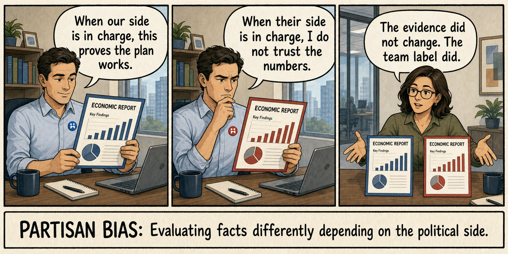 An employee evaluates the same economic report differently after its abstract team label changes, illustrating partisan bias.