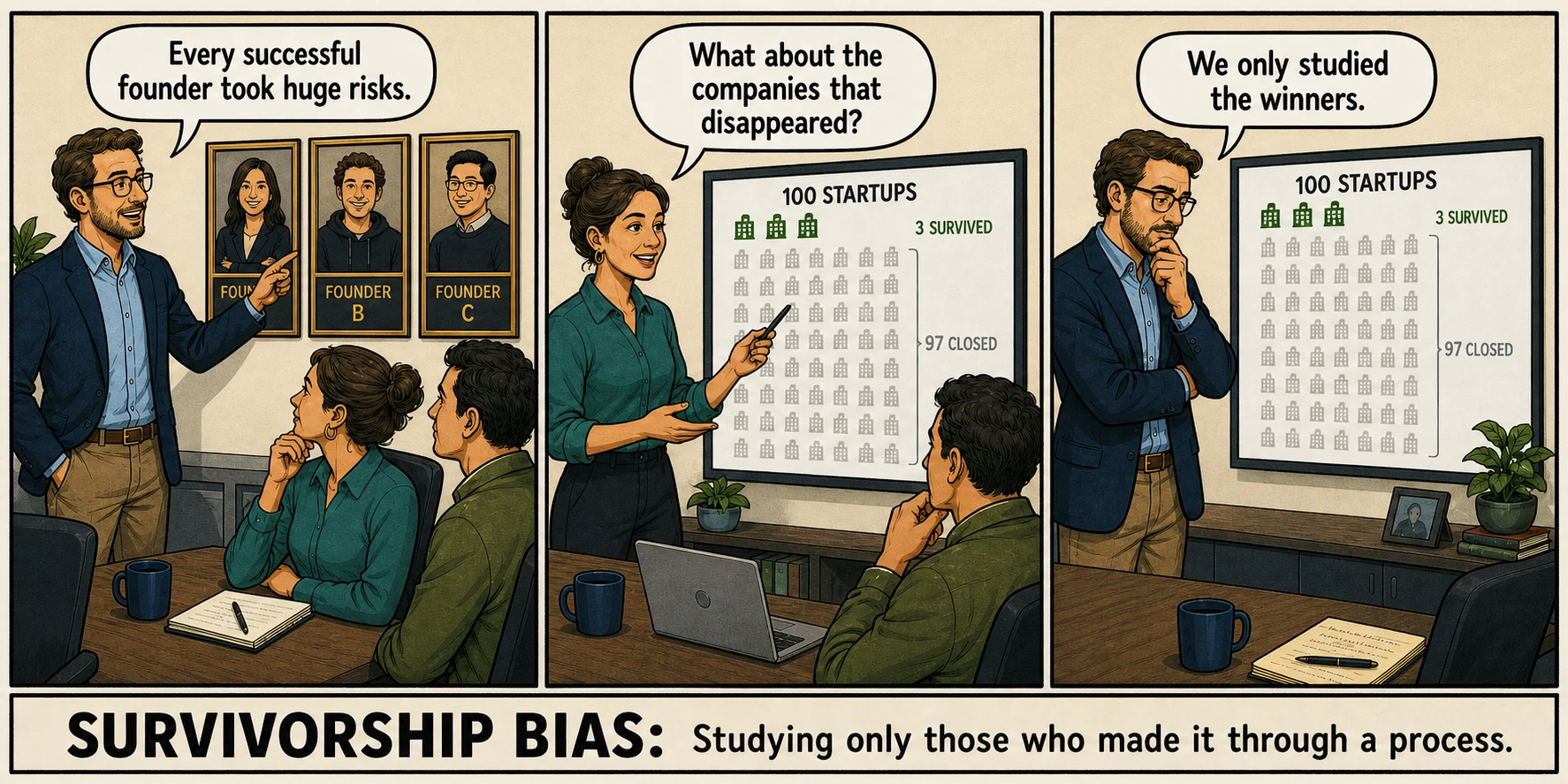 A manager studies three successful founders while an analyst reveals 97 companies that closed, illustrating survivorship bias.